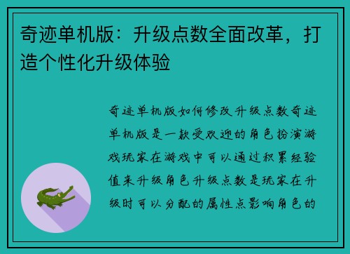 奇迹单机版：升级点数全面改革，打造个性化升级体验
